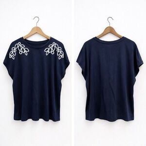 Fred David Navy Blue Embroidered Shoulder Short Sleeve Knit Top 2X CS14508RW